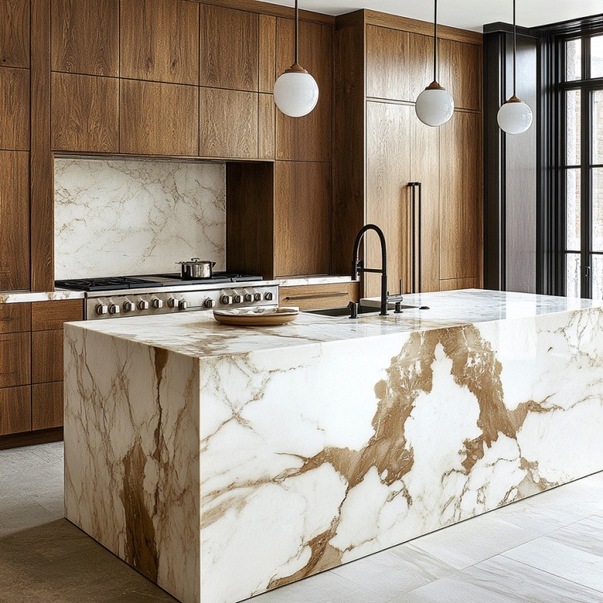 Walnut cabinetry with a bookmatched marble waterfall island